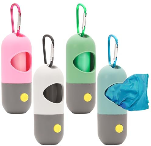 4 Stück Kotbeutelspender, Hundekotbeutel Spender Hundekotbeutelhalter mit LED-Taschenlampel und Karabinerhaken, Hundekotbeutelspender inkl 60 Kotbeutel