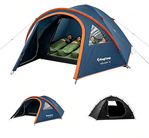 KingCamp 3-4 Personas Tienda Impermeable 3000mm Tienda Camping con Porche y Ventana PVC, Tienda Cúpula Doble Capa con Vestíbulo para Festival, Acampada Familiar, Jardín