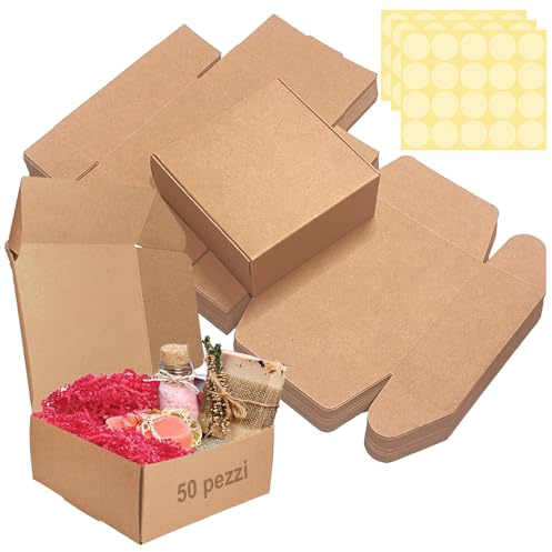 Festa Centro Scatoline Carta Kraft Marrone con Coperchio 12 x 12 x 5cm (50pz), Scatole Bomboniera Kraft, Facile Assemblaggio per Feste, Compleanni, Matrimoni e Natale