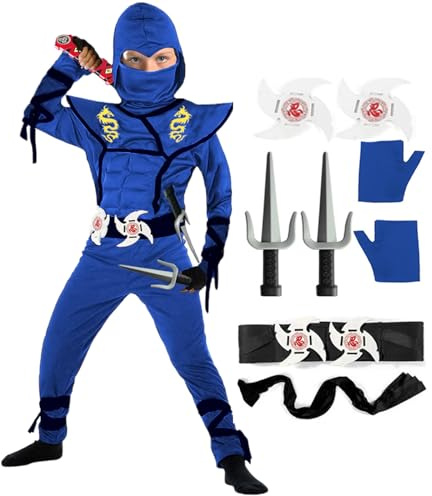 SATKULL Costume de ninja de luxe pour enfants – Déguisement de ninjas d'Halloween avec accessoires, jouets pour garçons et filles (enfants de taille L à 8/9 ans, bleu)
