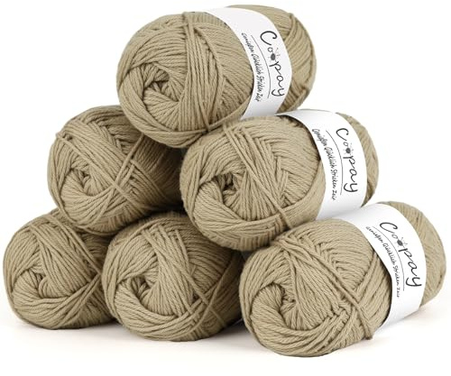 Coopay Ovillo de lana para ganchillo, 100% algodón para tejer, 6 x 50 g, hilo suave de algodón para ganchillo, lana de bebé para suéteres, calcetines, mantas de bebé, color caqui