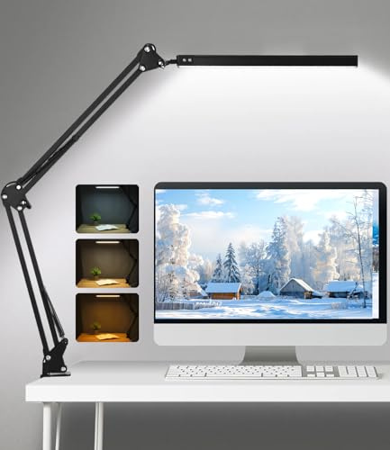 Cexovo Lampe de Bureau LED avec Pince Lampe d Architecte Desk Lamp, 3 Couleurs et 10 Niveaux de Luminosité Lampe de Lecture Réglable, Protection des Yeux, pour le Bureau, le Chevet, l'étude (Noir)