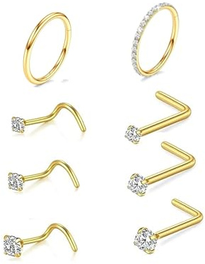 DAILI 8PCS Hypoallergenic Titanium Nose Ring Stud, Gold Nose Hoop for Women Men Thin Nose Rings L-Shape Corkscrew CZ Thin Nose Piercing Jewelry 2mm/2.5mm/3mm Small Nose Studs Nostril Hoops