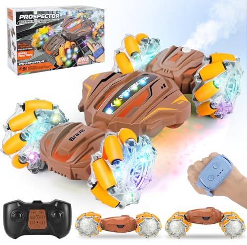 PATEMZON Voiture Télécommandée Tout Terrain, 4WD 2.4Ghz RC Stunt Car, Voiture télécommandée avec la Main, Lumière et Spray, Rotation à 360°, Cadeau pour Filles Garçons Enfants de 6 8 9+ Ans (Orange)