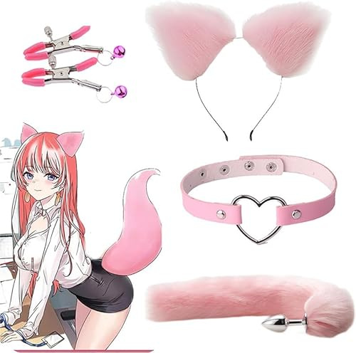 Rosa Faux Fur Tail Cat Ear Headpiece Set, Halloween Party Halsband, Anime, Cosplay, Festival Party Rollspel TillbehöR, Par GåVor