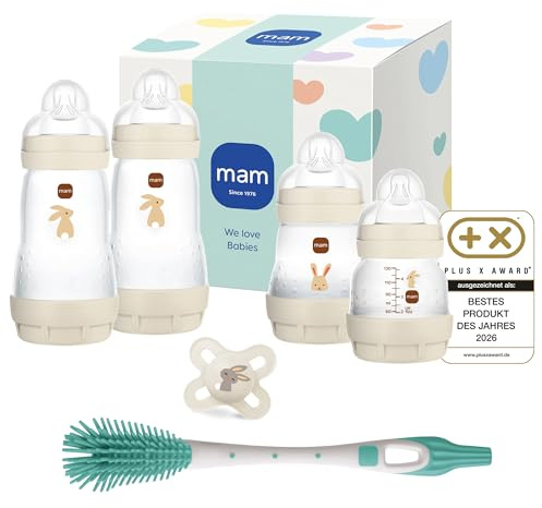 MAM Easy Start Anti-Colic Neugeborenen-Set | 0+ Mon | Babyflaschen-Set | 94% Akzeptanz & 96% Hebammen-Empfehlung | 80% weniger Koliken | 4 Trinkflaschen, 1 Original Schnuller & 1 Soft Brush | beige