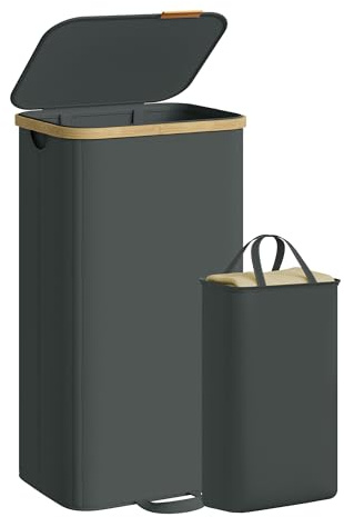 SONGMICS Cesto para la Colada con Tapa, Cesta para Ropa Sucia, Bolsa Interior Extraíble, Marco de Bambú, Lavandería Dormitorio, 100 L, Gris Pizarra LCB531GN01