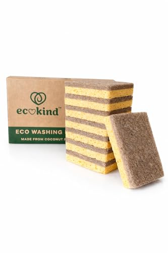ECOKIND 8 Pack Compostable & Biodegradable Kitchen Sponges | Eco Washing Up Sponges | Plant-Based Cellulose & Coconut Fibre Scourers | Heavy Duty Non-Scratch Dish Scrubber for Pots, Pans & Dishes