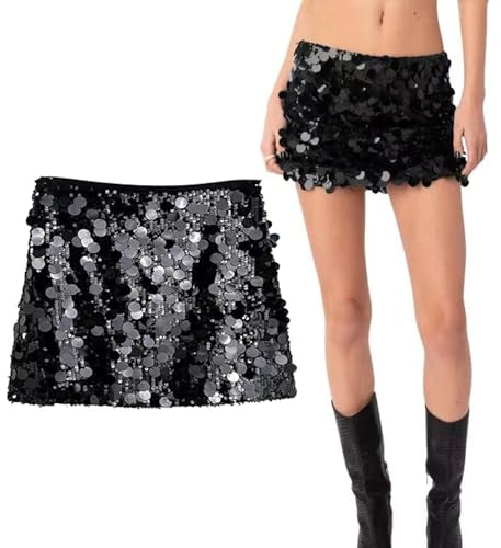 Xiansini Sequin Skirt for Women Black, Stretchy Bodycon Mini Skirt, Sparkly Glitter Party Skirt for Night Out Concert Club Dance, Stretch Fabric, Waist 70cm Hip 98cm Length 36.5cm