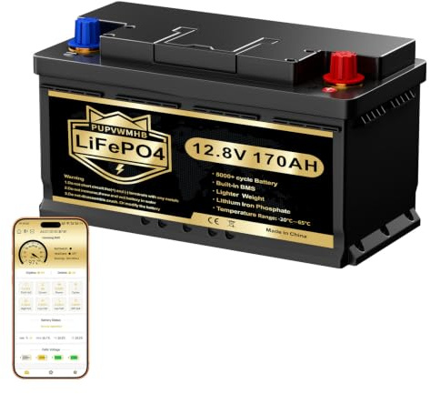 PUPVWMHB LiFePO4-batteri 12 V 170AH med Bluetooth, BMS 150A och lågtemperaturskydd, över 15 000 cykler, 2176 Wh, för husbil, båt, camping, sol och off-grid-system