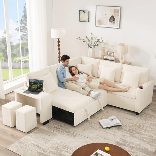Huayz Sofá de esquina con función de dormir y espacio de almacenamiento, sofá cama convertible en forma de L, con carga USB y soporte para bebidas, ideal para sala de estar y cine en casa (beige)