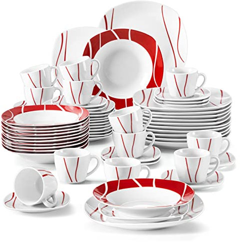 MALACASA, Serie Felisa, 60-TLG. Tafelservice aus Porzellan, Kombiservice Abgerundet Geschirrset Kaffeeservice für 12 Personen, Rot