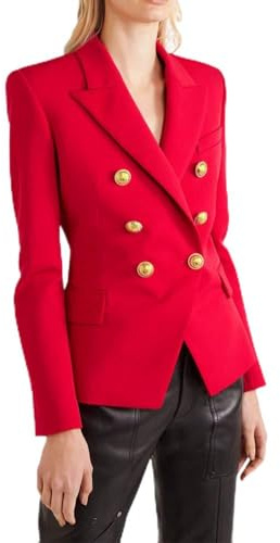 GUOCU Blazer Donna Cappotto Manica Lunga Cardigan Doppiopetto Blazer Autunno Giacca da Pied de Poule Elegante OL Ufficio Business Blazer Cappotti Classico Slim Fit Blazer Giacche da Lavoro Rosso M