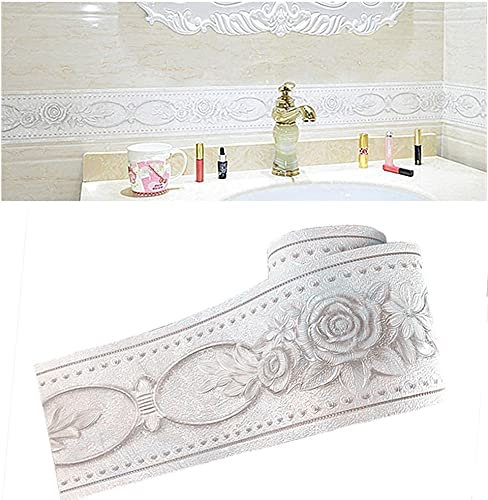 Frise de papier peint élégante avec motif floral rose blanc - Autocollant mural 3D étanche - 10 cm x 5 m