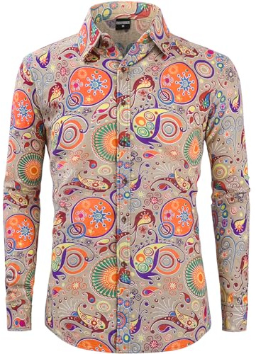 COSAVOROCK Män 70s Hippie Skjorta Ugly Paisley Hippy Fancy Klänning Funky Casual Skjortor