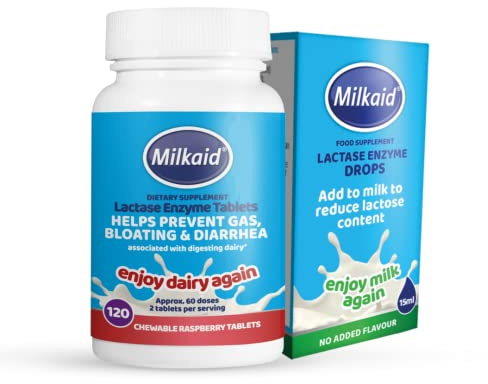 Milkaid Lactase Enzyme Drops Tablets for Lactose Intolerance Relief | Prevents Gas, Bloating & Diarrhea | Dairy Digestive Supplement | 0.5 Fl Oz & 120 Raspberry Flavored Tablets