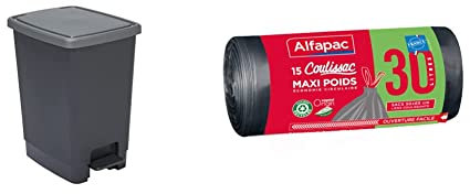 Sundis 4022001 Flat Bin Poubelle rectangulaire à pédale rétractable, polypropylène 30L, Noir et Anthracite & 15 sacs 30L à lien coulissant - Sacs Poubelle Maxi Poids - Vegetal Origin, 50 x 65 cm