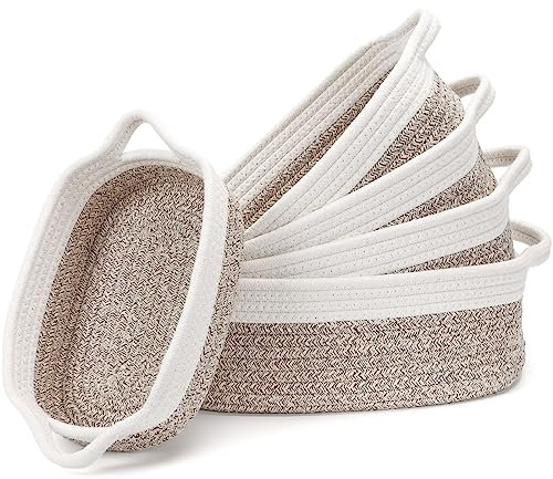 Cinnani 5er-Set Aufbewahrungskorb Baumwollseil Korb Geflochten, Aufbewahrung Korb Wickeltisch Organizer, 5 Größe Stapelbare Mehrzweck-Organisations Behälter für Kinderzimmer Wohnzimmer Bad(Weiß/Wüste)