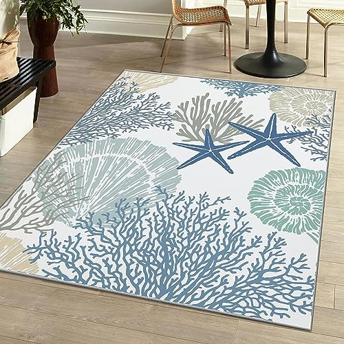 Tritard Coastal Area Rugs Nautical Beach Themed Non-Slip Machine Washable Rugs Modern Floor Carpet for Living Room Bedroom, 4x6, Blue