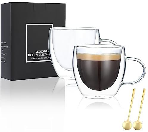 VENVENWEAVS Juego de 2 tazas de café espresso de doble pared de 5 onzas, soplado a mano, tazas de café espresso en caja de regalo, perfectas para espresso, latte, capuchinos, bolsa de té, jugo