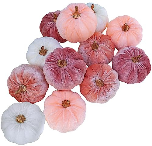Winlyn 12 Pcs Small Rustic Faux Velvet Pumpkins Decorative Blush Coral Pink Peach Ivory Fabric Foam Pumpkins 3 for Fall Wedding Bbay Shower Thanksgiving Halloween Table Centerpiece Décor