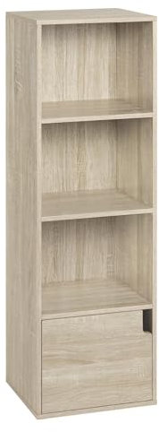 eSituro Bücherregal Wand, schmales Regal mit Tür, 4 Fächern, Standregal Würfelregal für Wohnzimmer Schlafzimmer Büro, Helle Eiche