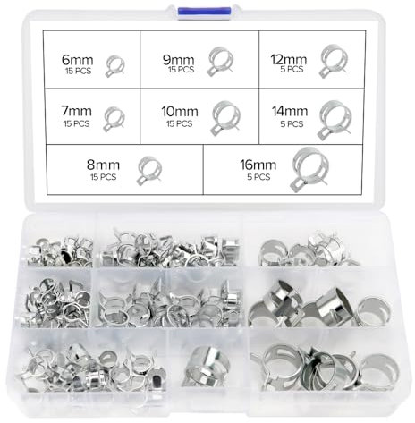 YIXISI 90 Pièces 6/7/8/9/10/12/14/16 mm Clip à Ressort Tuyau Serrage, Colliers de Serrage à Ressort, Clips à Ressort Colliers de Clip à Ressort Tuyau Serre-Joints à Tuyaux