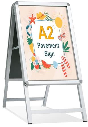 STANDNEE A2 Pavimentazione Cartello Cornice Cartello Doppio Lato Display A-Board Poster Stand Segno Titolare per Pubblicità (Argento-A2)