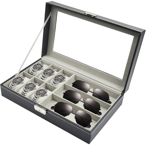 ADERTOS Porta Orologi e Occhiali a 9 Posti, Scatola Portaorologi in Pelle PU, Cofanetto Porta Orologi con Coperchio in Vetro Trasparente, Organizer per Orologi e Occhiali da Collezione, 33 * 20 * 8cm