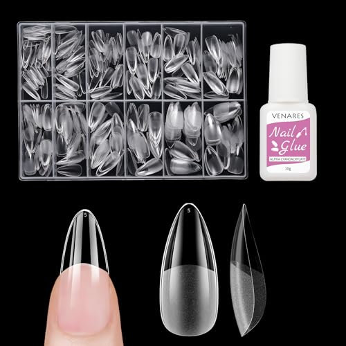 Unghie Finte Corte in Gel, Venaes 500 Pezzi Mandorla Tip Unghie Ricostruzione 10 Taglie Set Unghie Finte con Colla，Full Cover Gel Tip Unghie Trasparenti