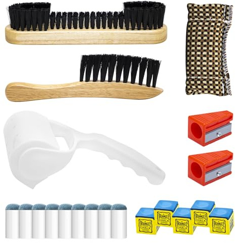Yuahar 21 Billiards Pool Table Cleaning Set W Wooden Pool Table Brush, 12mm Slip-On Cue Replacement Tips, Sticky Lint Roller, Pool Cue Chalk Cubes and Rod Tip Sharpener for Game and Competition