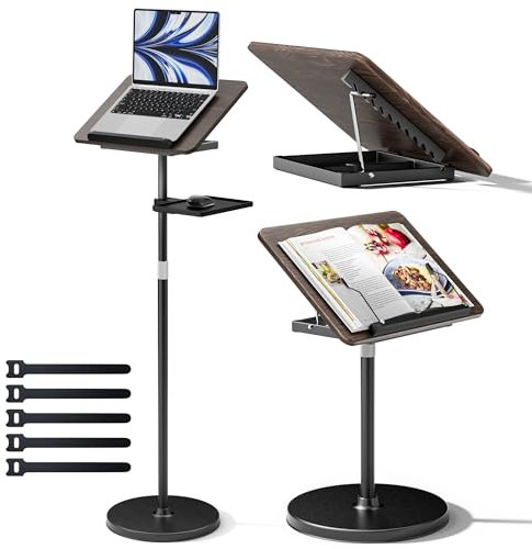 2 in 1 Verstellbarer Buchständer - Dual-Use Boden- und Schreibtisch-Buchhalter, Höhenverstellbar 60 cm bis 132 cm, Elastische Seitenclips für Musiknoten, Rezepte, Tablet, Laptop-Schwarz