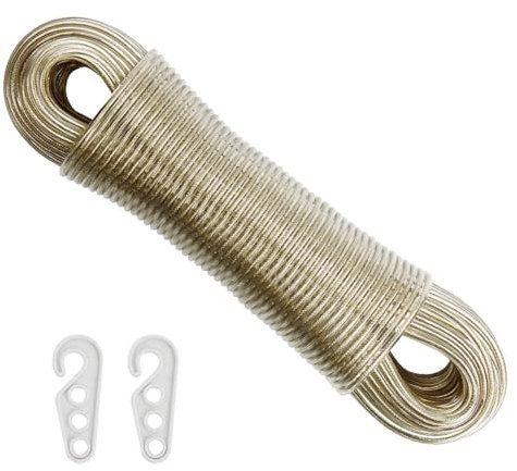 20M Washing Line Rope Clothesline with Steel Core, Heavy Duty Laundry Lines with 2 Tensioners, Clothes Drying Rope PVC Covered Clothes Line for Garden, Outdoor, Indoor