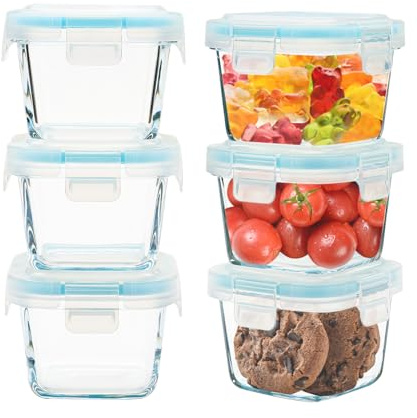 SOACOAKO Small Glass Containers 6 Pack, 6 oz Reusable, Airtight, Leakproof Mini Food Storage Containers with Lids