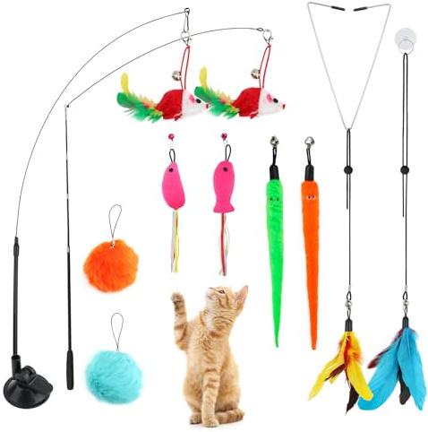 LFBEST Cat Toys,14 Pcs Cat Feather Toys for Indoor Cats Adult Kitten,10 Pcs with Bells Feather Toy,2 Retractable Interactive Teaser Rods,2 Hanging Door Training Toys, Ideal for Boredom and Exercise