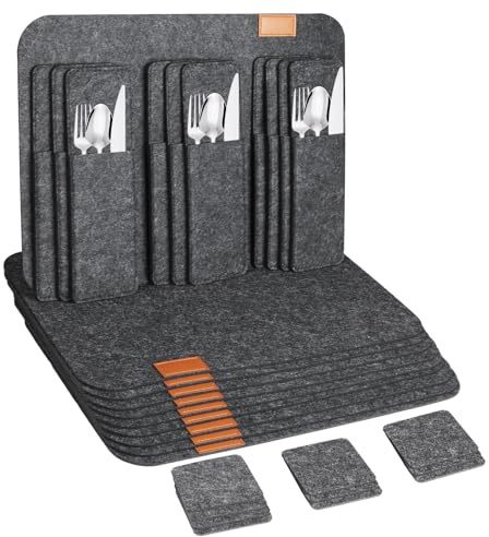 Beylce 30er Set Tischsets Platzsets Abwaschbar,Telleruntersetzer, Filzset, Platzdeckchen Mit 10 Tischsets, 10 Glasuntersetzer, 10 Bestecktaschen (Dunkelgrau, Eckig)