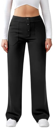 Friptspyg Pantalon Femme Taille Haute Large Bouton Jambe Droite Casual Travail Stretch de Yoga avec Poches,Noir XXL
