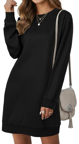 LYANER Women's Sweatshirt Dress Crewneck Long Sleeve Sweat Shirt Loose Fit Mini Dresses with Pockets Solid Black Small
