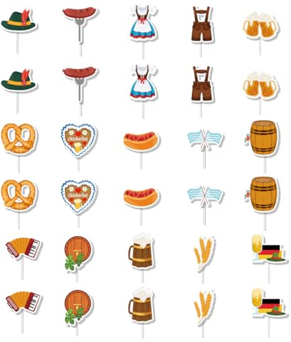 WUSJCOF 30 piezas Oktoberfest, toppers para cupcakes, set de decoración para pasteles, diseño de dibujos animados, mesa, accesorios, bávara para fiesta de la cerveza y fiesta de salchichas