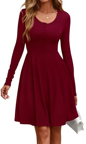 EIRUKON Damklänning, långärmad rund hals, höstklänning, elegant tröjklänning, ribbad knälång, ledig höst, vinter, A-linje, midiklänning med fickor, röd, XL