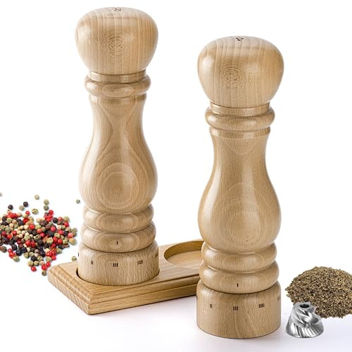Aurevit Set Macina Sale e Pepe in Legno – Macinapepe e Macinasale Manuali con Meccanismo in Ceramica e Acciaio, Regolazione Esterna, Riempibile, 23 cm, Faggio