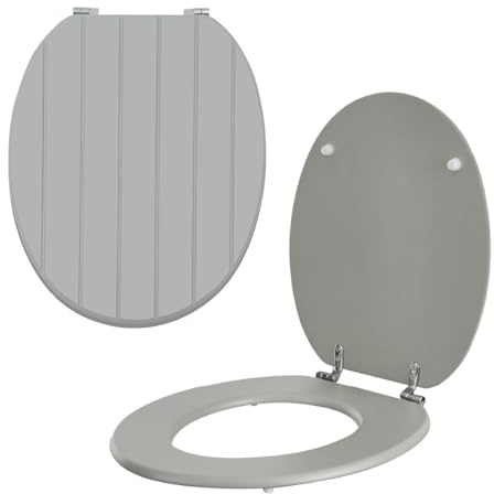 Anika Grey Tongue and Groove Toilet Seat, 43 x 37.5cm, Chrome Plated Hinges | Easy Installation, Moisture Resistant PVC Veneer, Easy Clean Bathroom Toilet Seat, Fits Most Standard Toilets, Modern Design