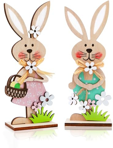 2 unidades de conejos de Pascua de madera, conejos de Pascua, decoración para colocar de pie, conejos de Pascua, figuras de madera, figuras de conejito de Pascua con flores, decoración para fiestas de