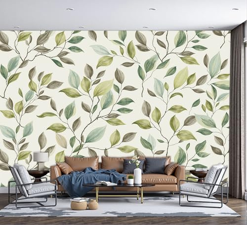 Mural Panorámico Papel Hojas Pintadas A Mano 200x140cm, Papel Pintado Plantas Elegantes Y Retro Papels Tapiz Fotográfico 3D Decoración De Pared Para Salon Dormitorio Oficina Cuarto, Verde