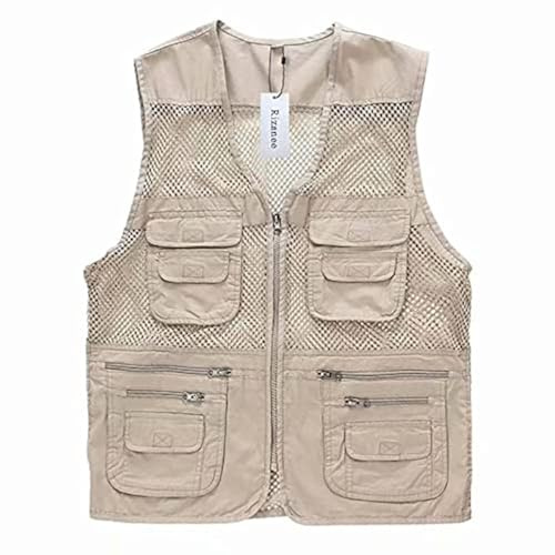 Rizanee Unisex Mesh Breathable Fishing Vest, Multi-Pockets Photography Travel Hiking Waistcoat Jacket (Beige, US XL - TAG 3XL)