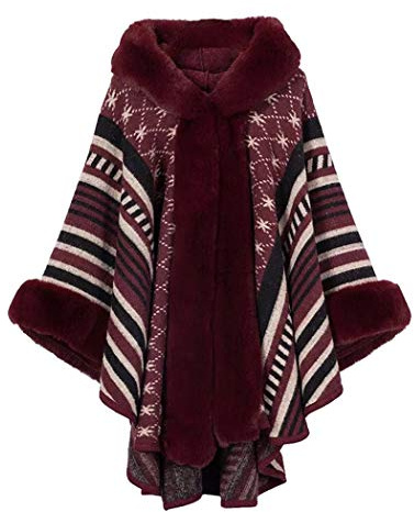 HANMAX Cape d'hiver Femme à Capuche en Fourrure Fausse Manteau de Laine Manches Longue Automne Hiver Taille Unique