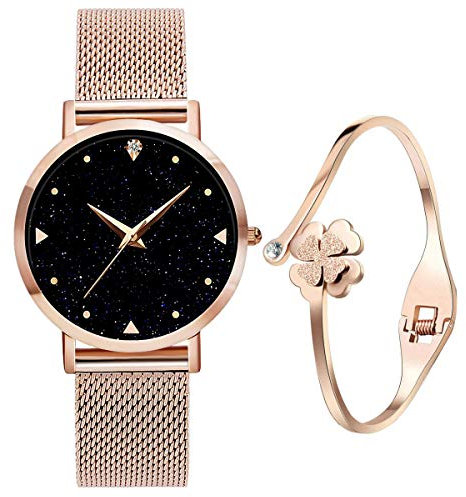 UEOTO Armbanduhr Damen Analog Quarz Damenuhr mit Rosegold Edelstahl Armband, 3ATM Damen Uhren mit Blau Sternenhimmel-Zifferblatt Frauen