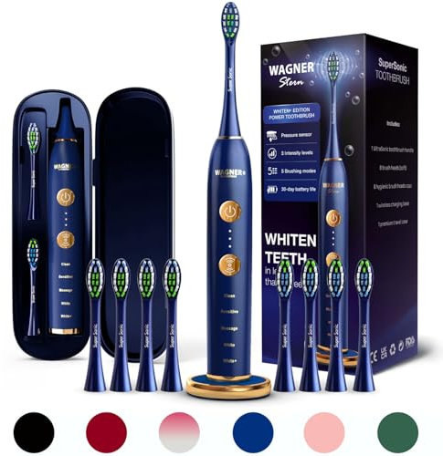 Wagner Stern Edizione WHITEN+. Spazzolino elettrico intelligente con sensore di pressione. 5 modalità di spazzolatura e 3 livelli di intensità, 8 testine morbide, custodia da viaggio premium.
