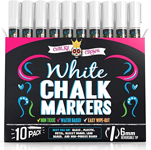 CHALKY CROWN Liquid Chalk Marker Pen - White Dry Erase Marker - Chalk Markers for Chalkboard Signs, Windows, Blackboard, Glass - 6mm Reversible Tip (10 Pack)