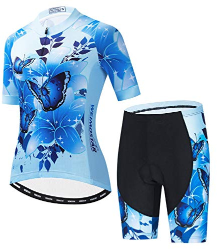 JPOJPO - Set di maglia da ciclismo a maniche corte e pantaloncini imbottiti in gel, abbigliamento sportivo da donna per MTB, Farfalla blu., S